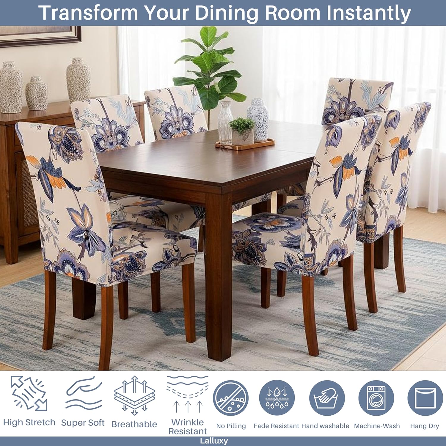 Chair Covers for Dining Chairs Set of 4, Stretchy Soft Parson Chair Covers Removable Washable Kitchen Dining Room Chair Slipcovers with Elastic for Universal Fit (Beige Flowers)