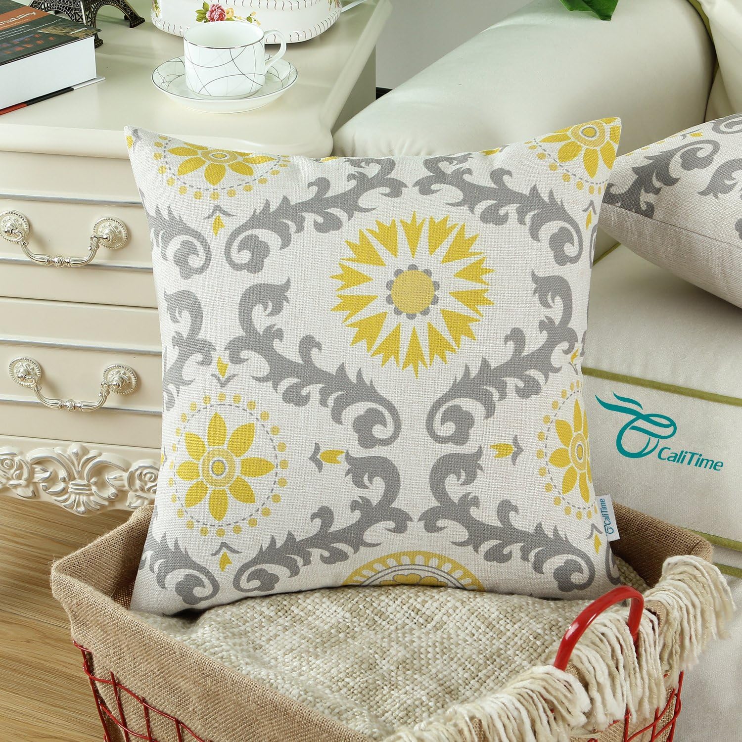 CaliTime Canvas Throw Pillow Cover Case for Couch Sofa Home Decoration Three-Tone Dahlia Floral Compass Geometric 18 X 18 Inches Yellow/Gray