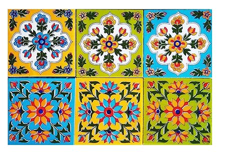 Shiv Kripa Blue Pottery Multi Color Home Decor Ceramic 4 x 4 inch Tiles (Pack of 6 Tiles)