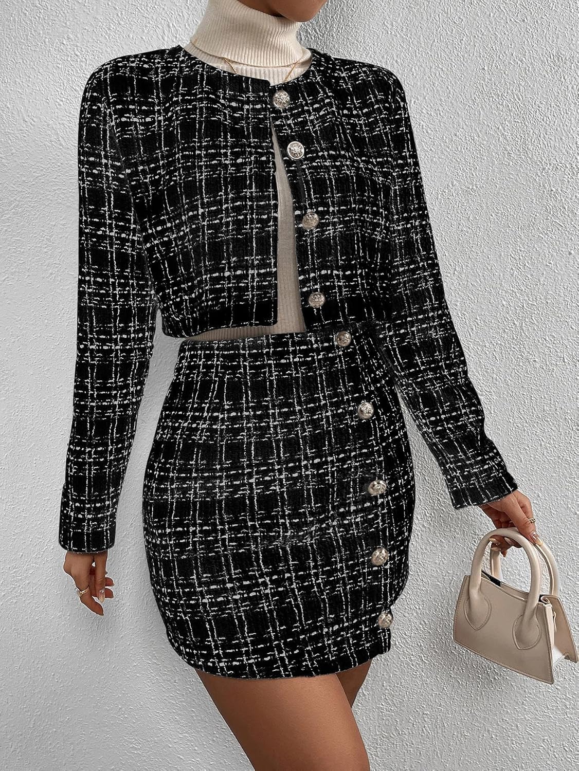 Floerns Women's 2 Piece Outfits Plaid Tweed Blazer Long Sleeve Jacket and Skirt Set - Image 6