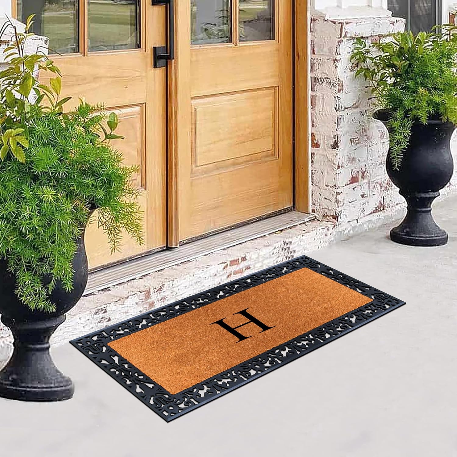 A1HC Natural Coir Doormat for Outside Entrance, Anti-Shed Treated Front Door Mat 30" x 60", Long Lasting Front Porch Entry Matt Monogrammed - H (Plain Black)