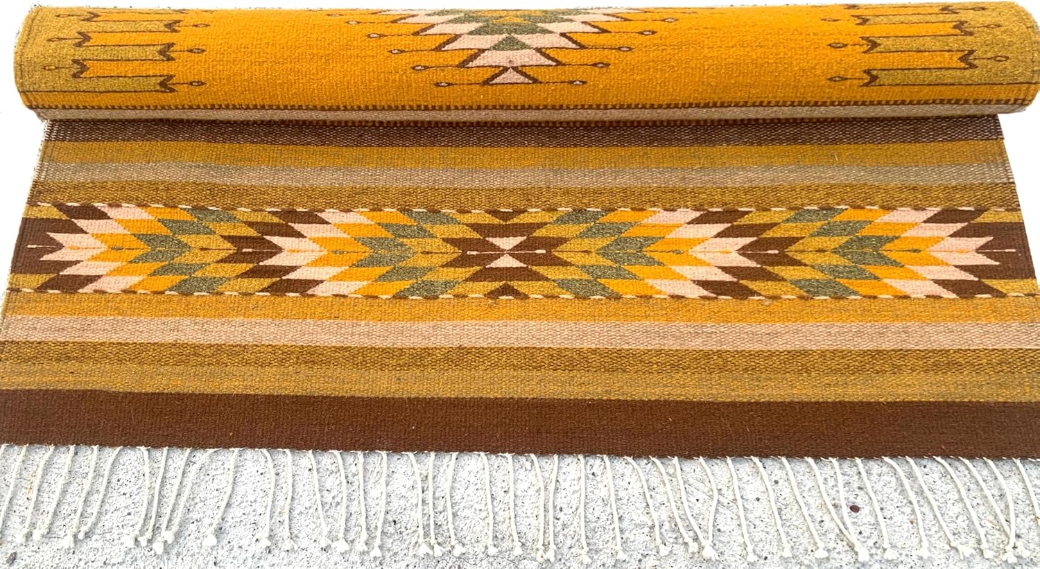 Zapotec Hand Woven Wool Rug, Gold Yellow Geometric Oaxaca Tapestry, Southwest Style Area Rug 39x61 Inches