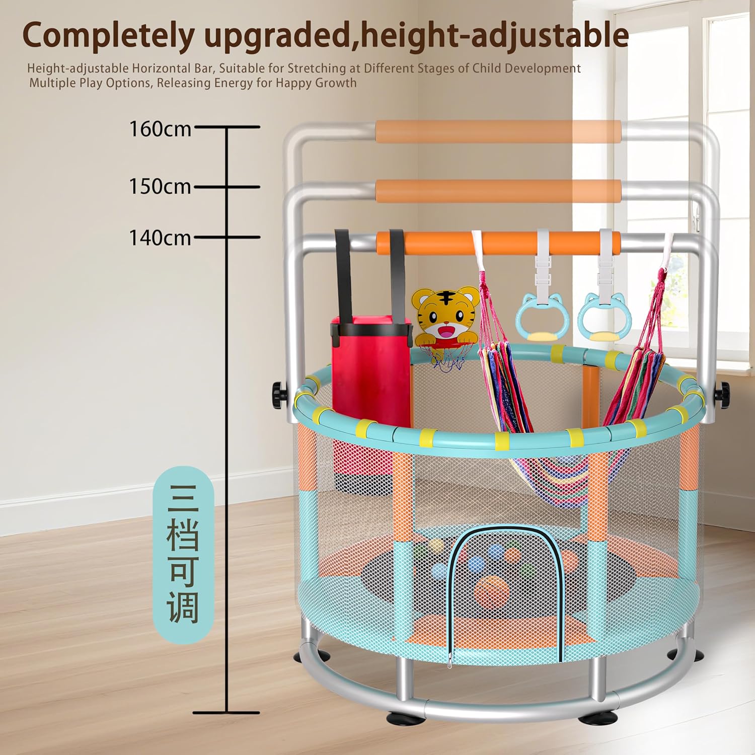 55" Kids Indoor Trampoline with Safety Net, Adjustable Gymnastics Bar & Toys – Indoor/Outdoor Toddler Play Gym for Boys & Girls Ages 3+, Birthday Gifts