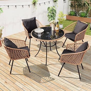 ECOTOUGE 5 Piece Patio Dining Set, Wicker Outdoor Furniture Set w/Glass Round Table, 4 PCS Chairs w/Waterproof Cushions for Backyard Garden Deck, Yellow/Black