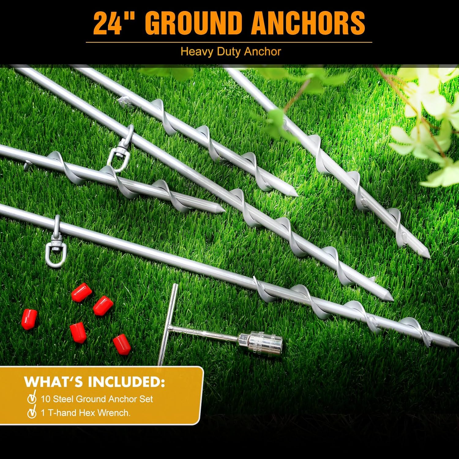 Hiboom 10 Pcs Ground Anchors with T Handle Hex Wrench Trampoline Hook, Ground Anchor Screw in Kit, Inflatable Outdoor Decorations Accessories for Camping Tents Car Ports Canopies (Silver,24 Inch)