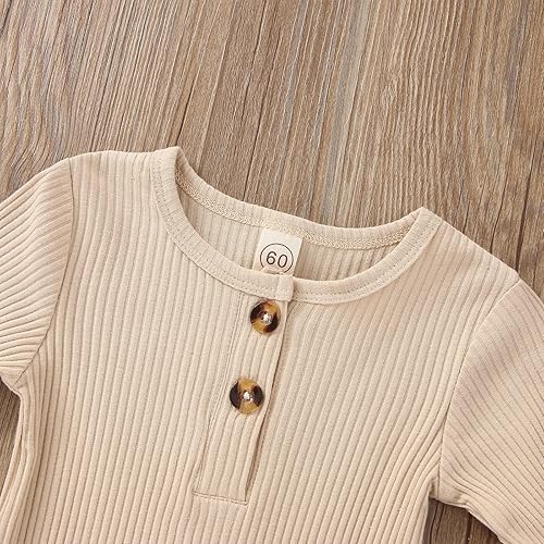 Miniatura 4 de Conjunto de ropa para niños y niñas, mameluco para recién nacido, gorro de punto acanalado, manga larga, con botones, color liso, mono