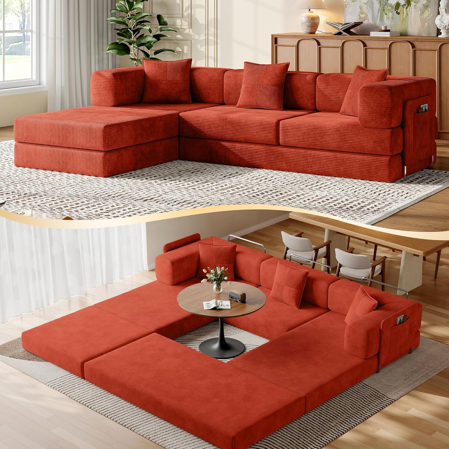 107" L-Shaped Modular Sofa Bed, Multi Convertible Boneless Floor Couch, Cozy Corduroy Sleeper Couch Sectional Futon Lounge for Living Room & Rest Area, with 3 Exquisite Throw Pillows | Orange | Sofa Bed, Boneless Couch, Modular Sofa, Convertible Couch, Sleeper Couch, Sectional Sofa