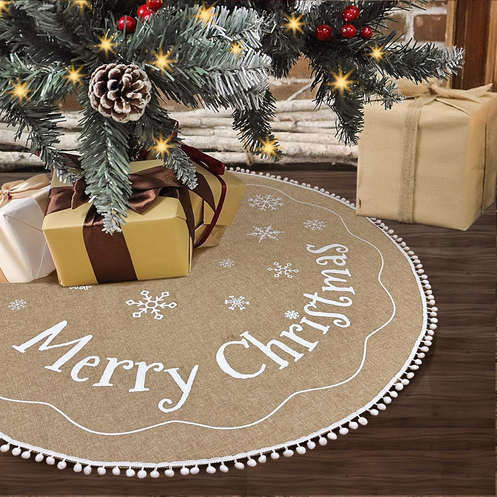 OurWarm Christmas Tree Skirt 48 Inches, Burlap Tree Skirt for Artificial Trees Printed with Snowflakes and Merry Christmas, Brown Rustic Tree Skirt for Christmas Decorations New Year Holiday Party