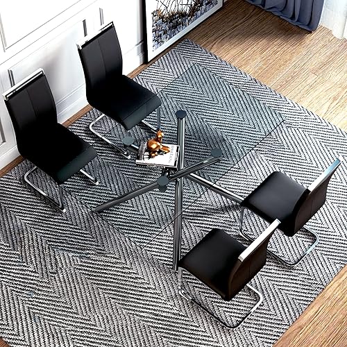Miniatura 9 de Mesa de comedor de cristal de 63 pulgadas con parte superior de cristal rectangular transparente 4 patas cromadas plateadas modernas muebles de mesa