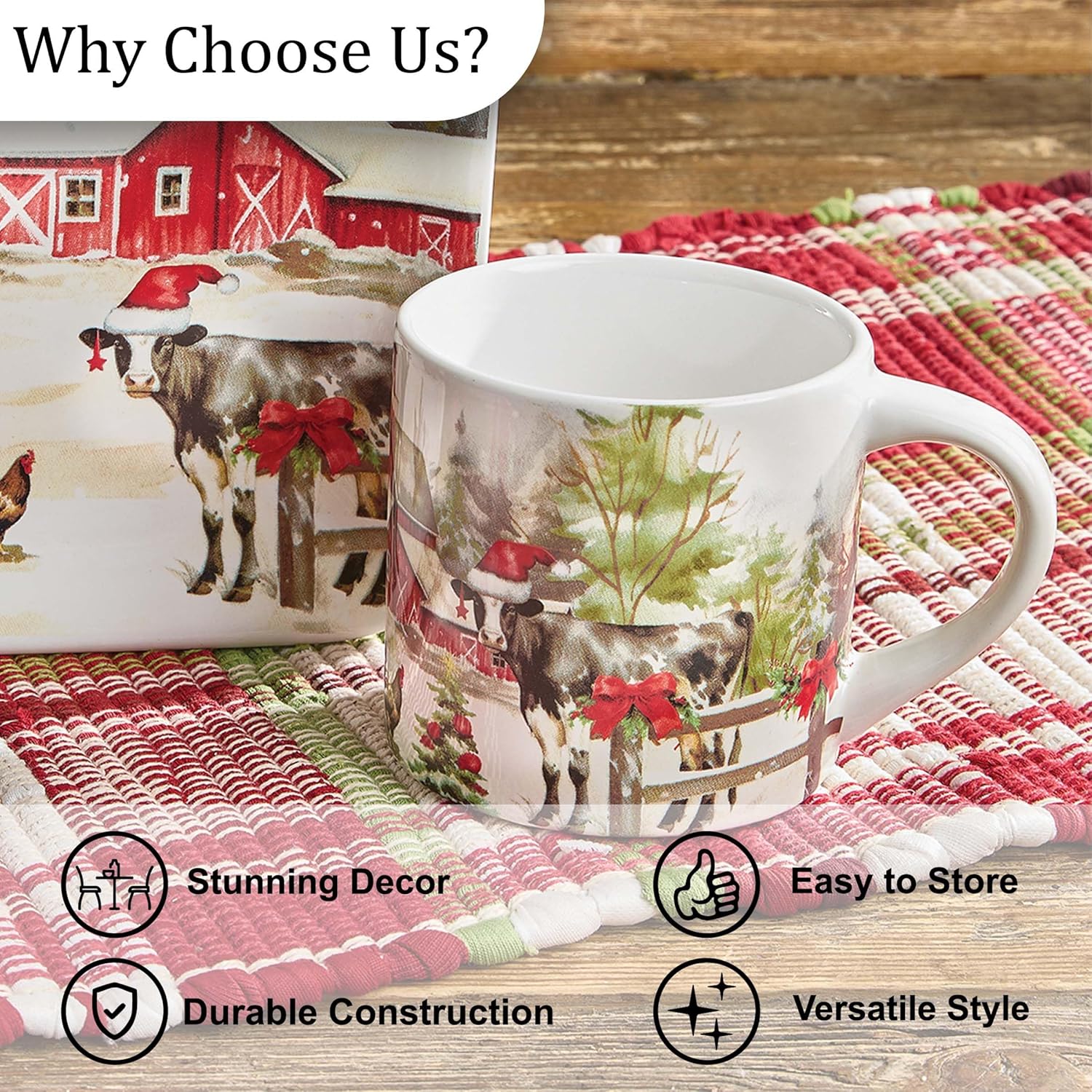 Park Designs Christmas At The Farm Mug Set Of 4, Red Farmhouse Style Ceramic Mug For Christmas & Winter Decor, Durable Hard Dolomite Drinking Mug For Hot Or Cold Drinks, Microwave & Dishwasher Safe