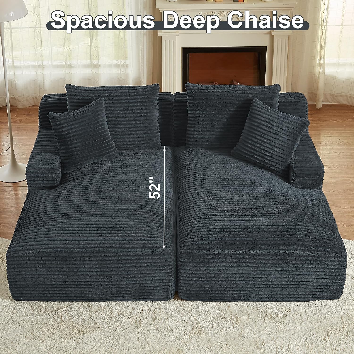 Oversized Double Chaise Lounge Chair Indoor, 78.8" Boneless Loveseat with Pillows & Armrest, Corduroy Sleeper Sofa Bed with Deep Seat, Comfy Cloud Couches for Living Room, Dark Grey