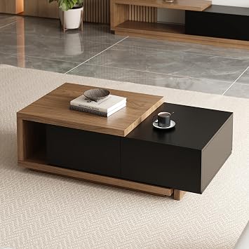 homary Extendable Coffee Table, 47"-69" Expandable Walnut Coffee Table with 2 Drawers, Modern Adjustable Center Table for Living Room & Small Spaces Black & Walnut