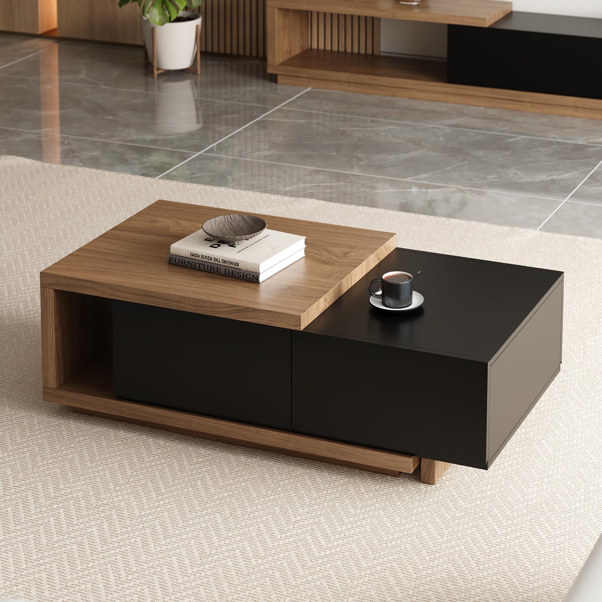 homary Extendable Coffee Table 47-69 Expandable Walnut Coffee Table with 2 Drawers Modern Adjustable Center Table for Living