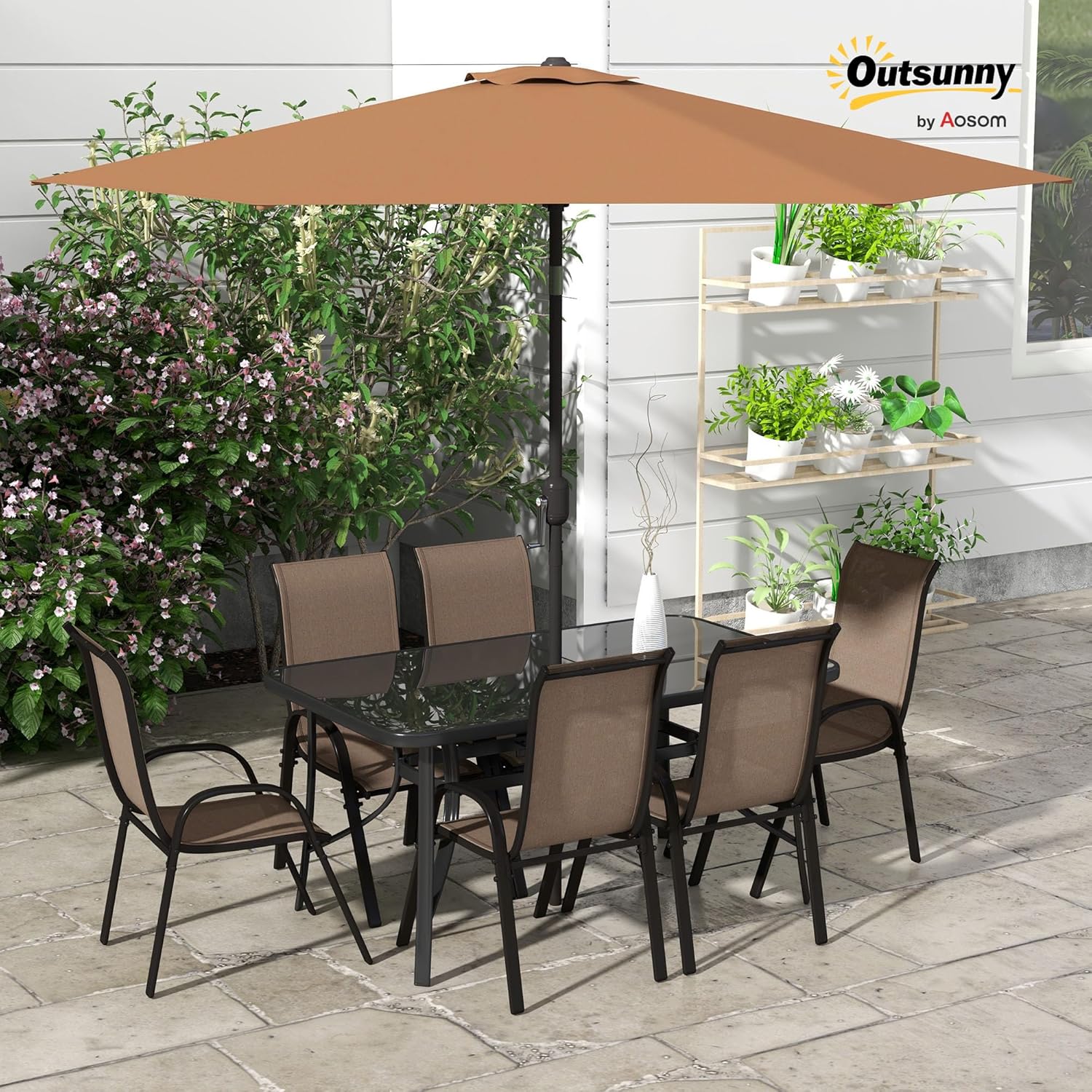 Outsunny 8 Pieces Patio Table and Chairs Set with 9 Ft Patio Umbrella, Outdoor Dining Set with 4.6 Ft Dining Table and 6 Chairs, Push Button Tilt and Crank Parasol, Tempered Glass Top, Mixed Brown