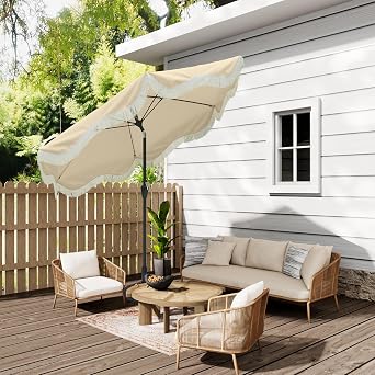 MONDAWE 9FT Boho Fringe Umbrella Outdoor Patio, UPF 50+ Tassel Beach Umbrella with 8 Windproof Fiberglass Ribs, Waterproof Polyester with Tilt Design for Pool, Garden, Backyard,Tropical Decor