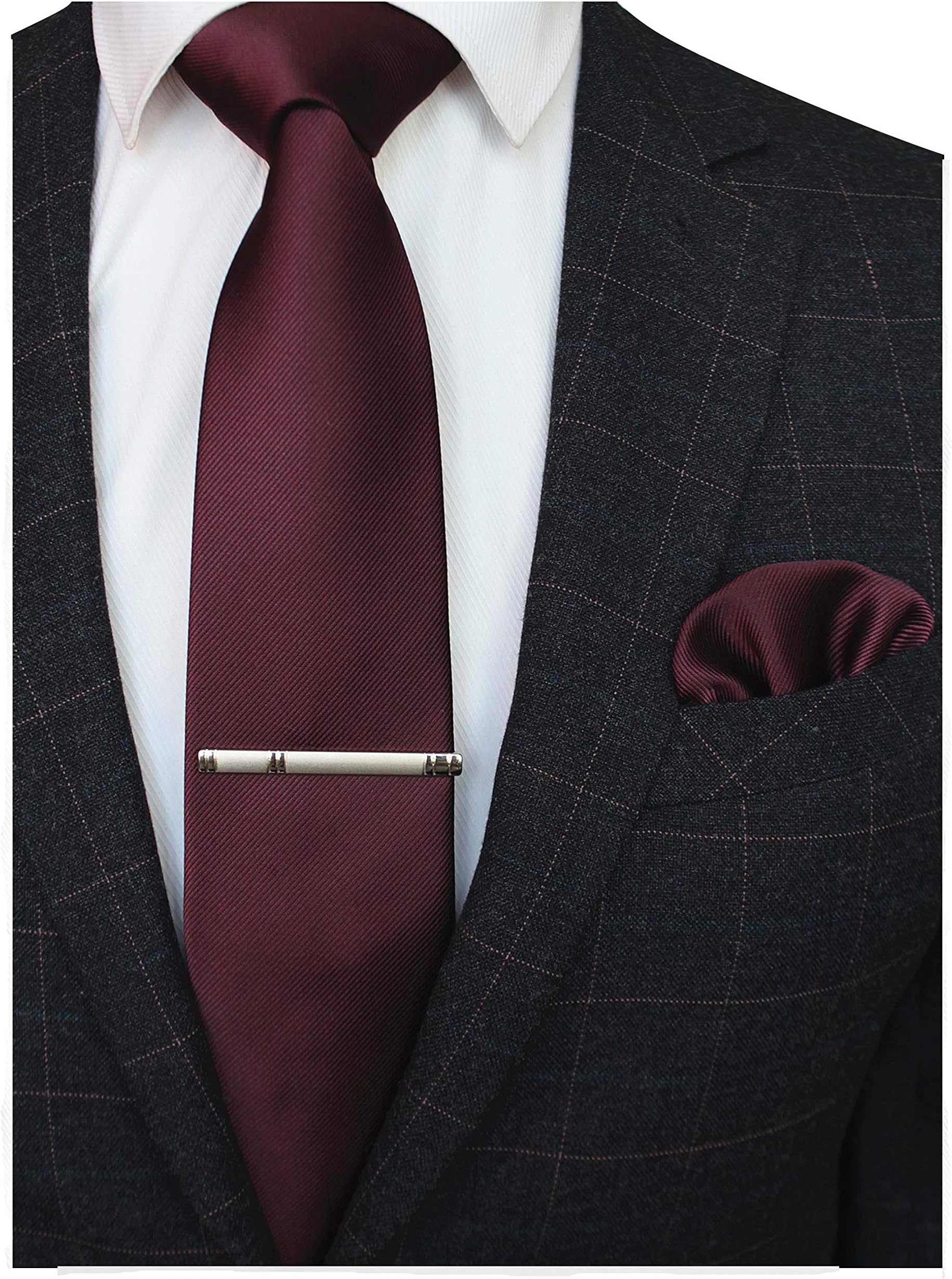 Solid Color Formal Necktie and Pocket Square Tie Clip Sets for Men