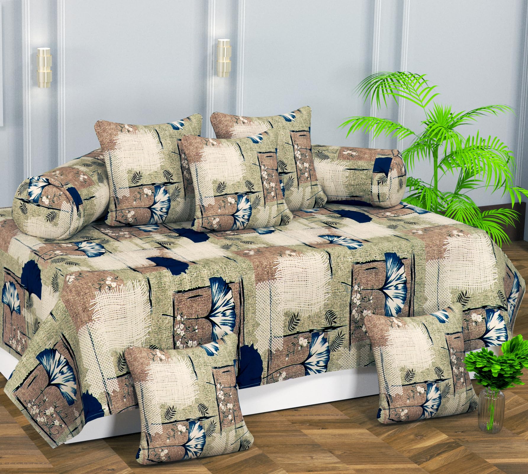 RD TREND® Printed Cotton Diwan Set Pillows 5 with Bolster 2, Bedsheet (152x228 cm), 2 Bolster Covers (40x78 cm), 5 Cushion Covers (40x40 cm). (Beige-Brown)-image-5