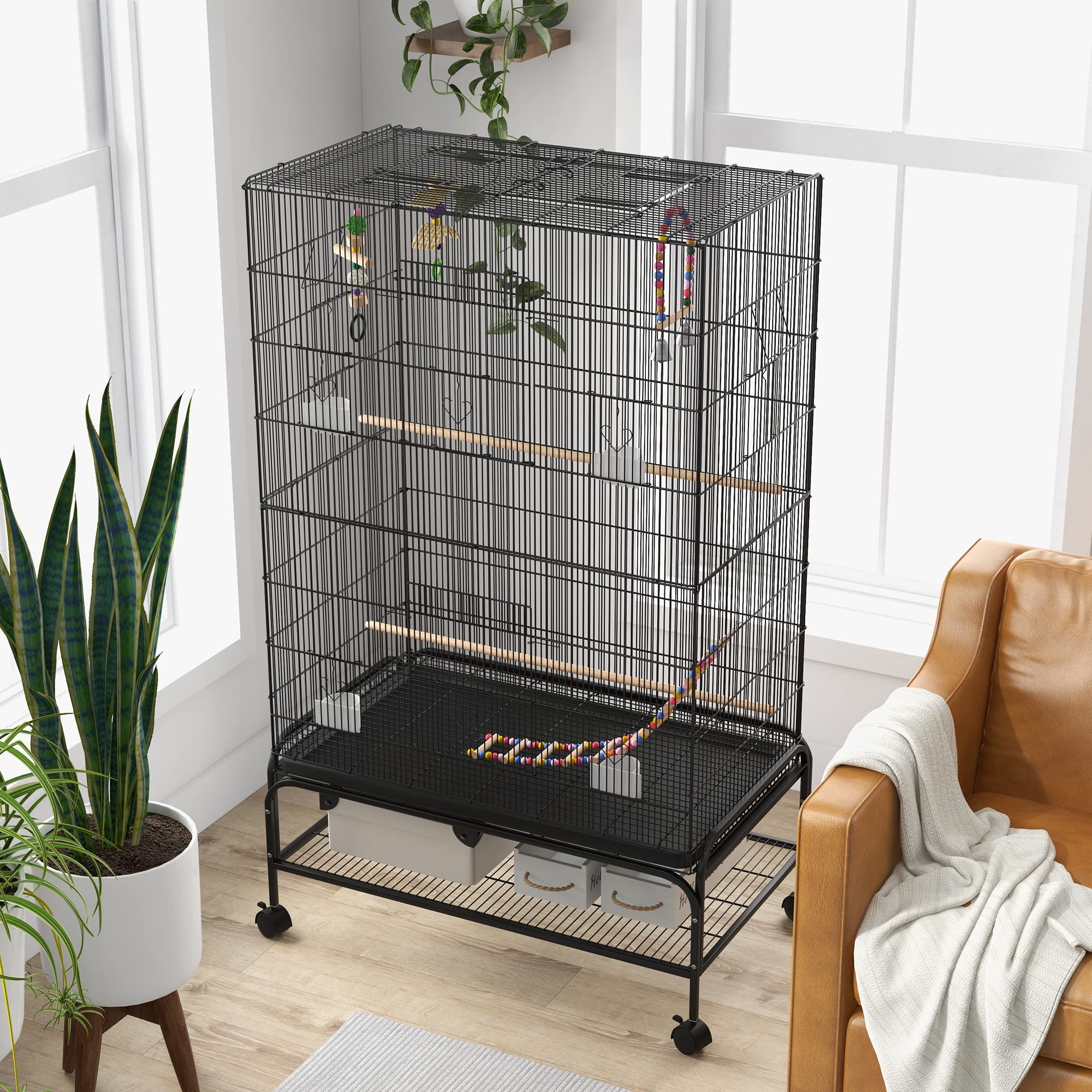 Pawhut Jaula para Pájaros Grande con Ruedas para Loros 97x58x160 cm Negro | Comederos, Perchas, Estante Inferior, Bandeja Extraíble, Pajarera, Columpio y Escalera, Canarios