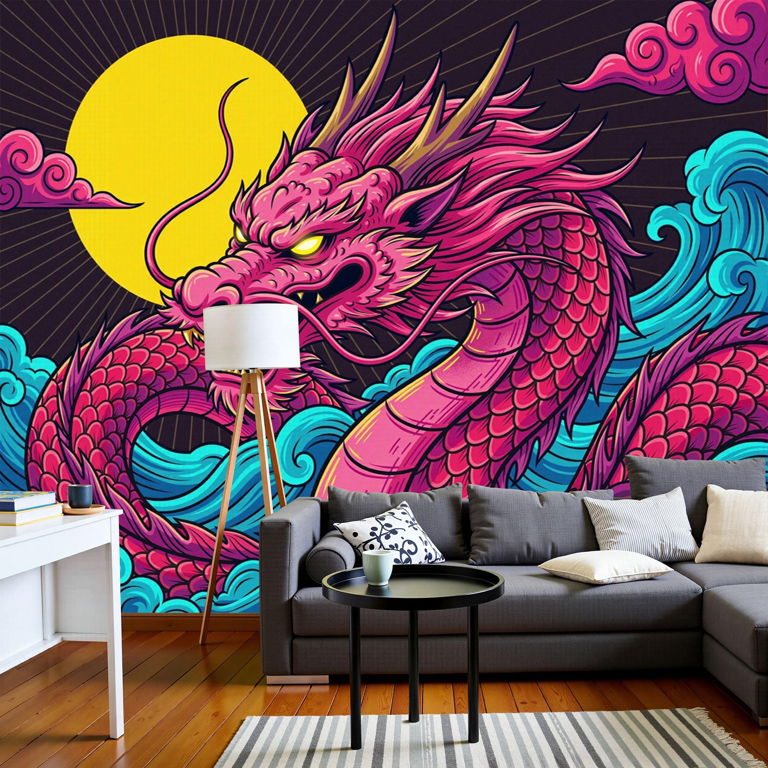 Mural Fresque Animal Féroce Dragon Chinois Noir Violet Salon 3D