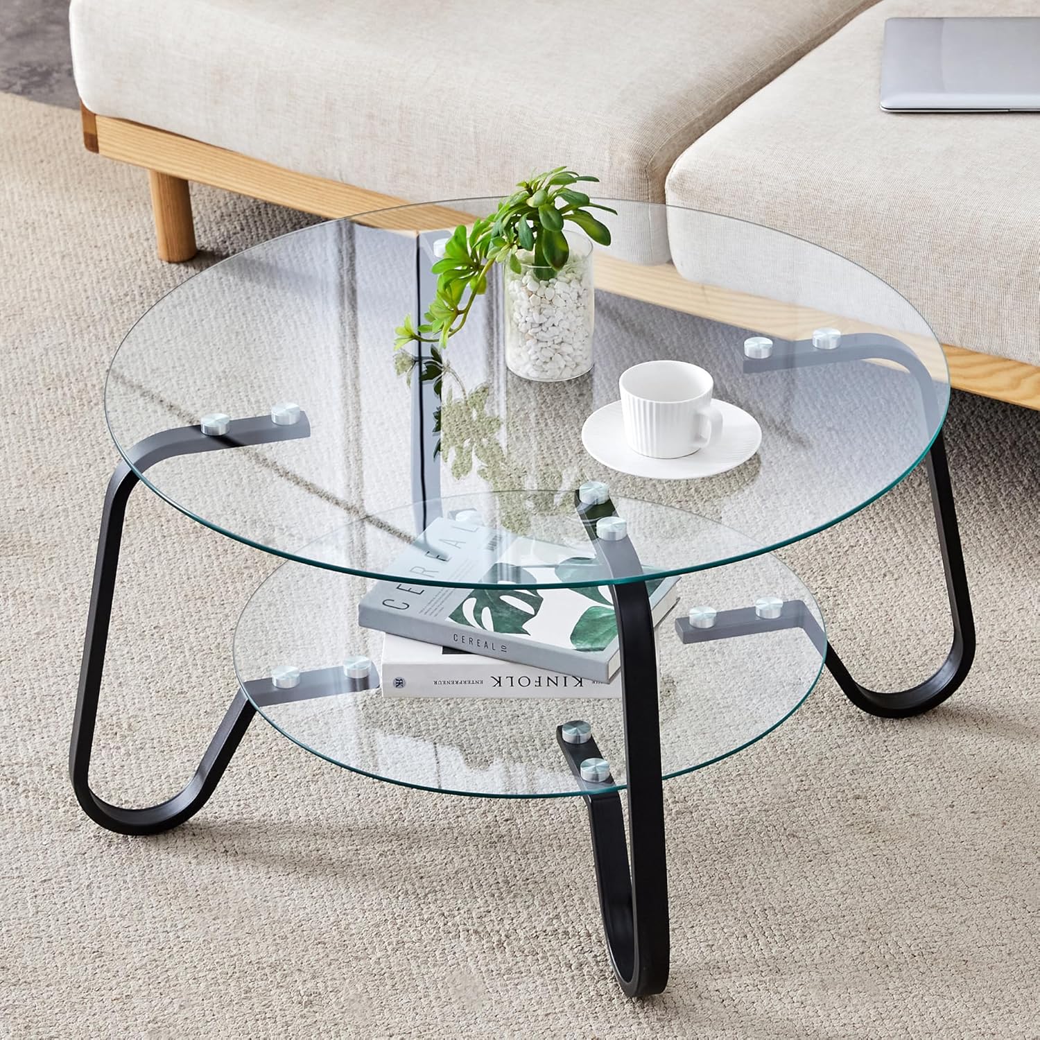 31" Glass Coffee Table,Small Round 2 Tier Coffee Tables for Small Space, Modern Circle Center Table with Unique Black Metal Legs for Living Room, Home, Office, Easy Assembly, Storage