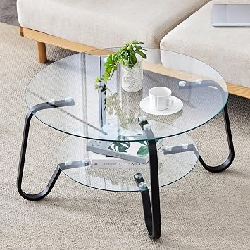 Round Glass Coffee Table, Tempered Glass Top with Black Metal Legs, 2-Tier Storage Design, Modern Accent Round Table for Living Room or Small Spaces, 31.5