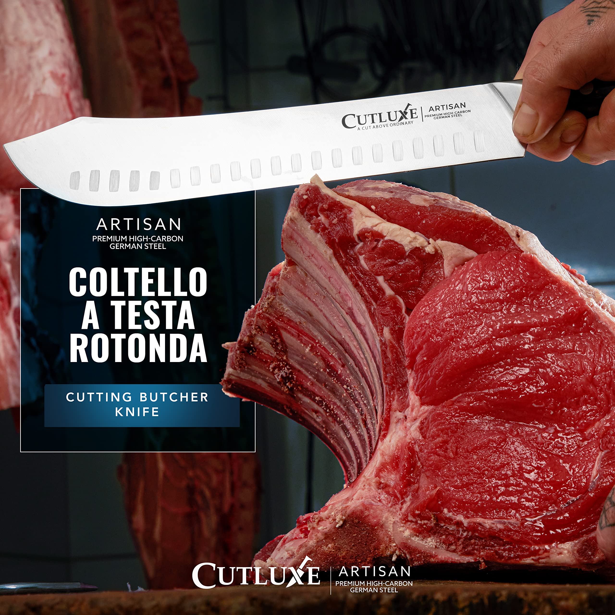 Cutluxe Coltello da Macellaio 25cm, Coltello Bull Nose, Acciaio al Carbonio, Lama Affilata e Resistente, Artisan Series