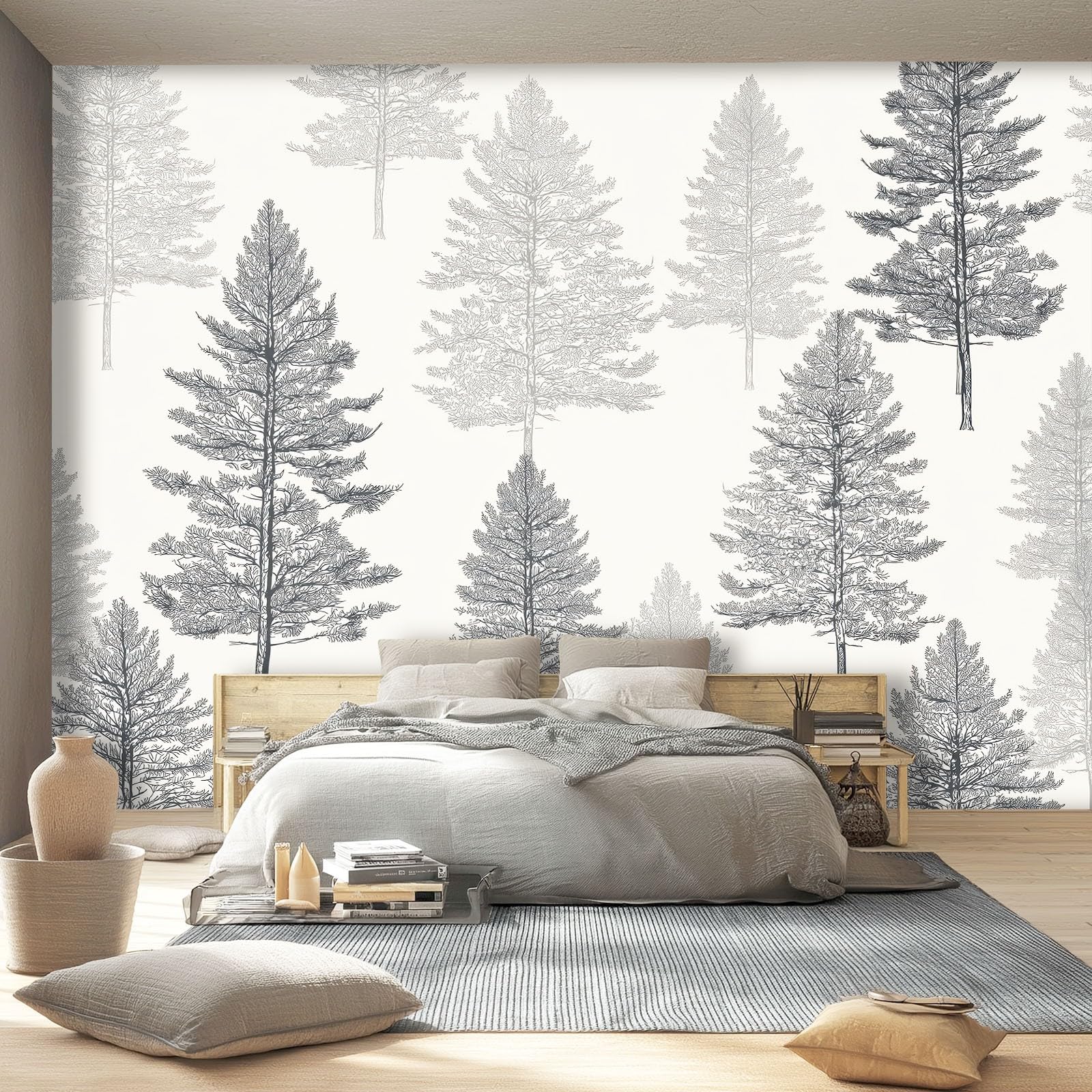 Papel tapiz Líneas de pinos retro Murales Papel Pintado Moderna Decoración 400 x 280 cm Lana Decoración De Pared Sala Cuarto Gris