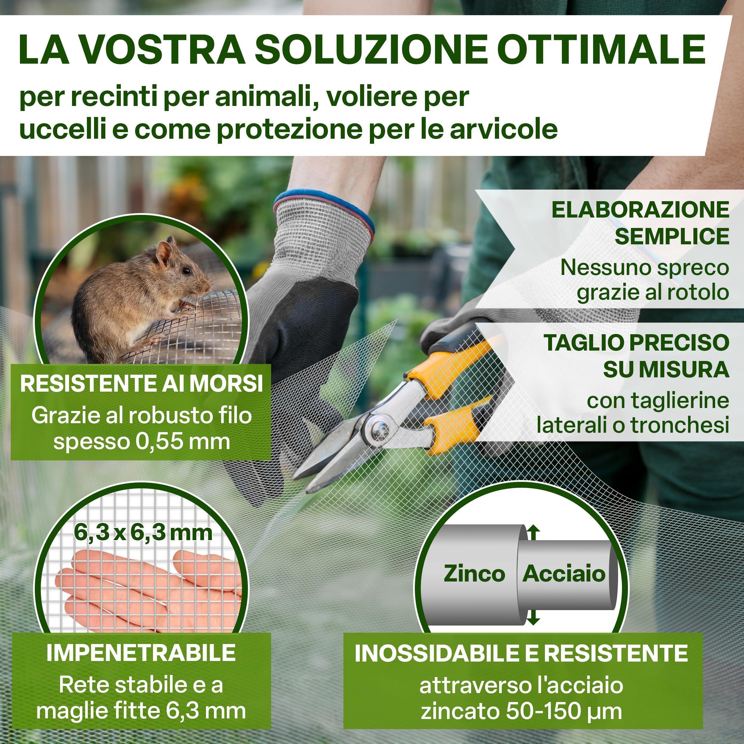 TTL GARDEN 50 cm x 10 m griglia metallica a maglia fine, zincata e resistente alla ruggine, maglia da 6,3 mm, spessore del filo 0,55 mm - su rotolo filo metallico per voliera, filo per conigli, filo