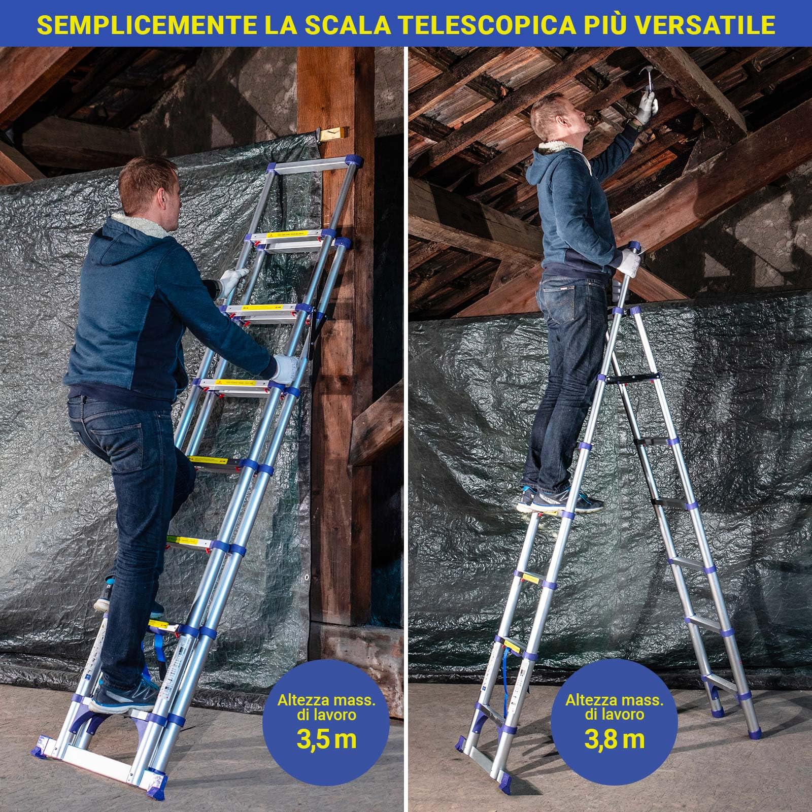 HOSTRÖM Scala telescopica a 8 gradini EXTENDACT8, Scala telescopica 2,3+2m, scala pieghevole telescopica, Alt. max lavoro 3,8m, Garanzia 5 anni.