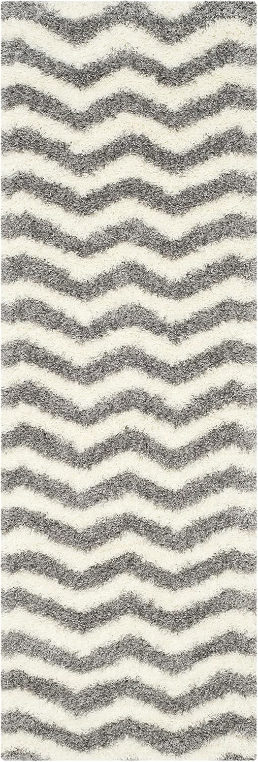 SAFAVIEH Montreal Shag Collection 2'3" x 7' Ivory/Grey SGM846B Chevron Non-Shedding Living Room Bedroom Dining Room Entryway Plush 2-inch Thick Runner Rug