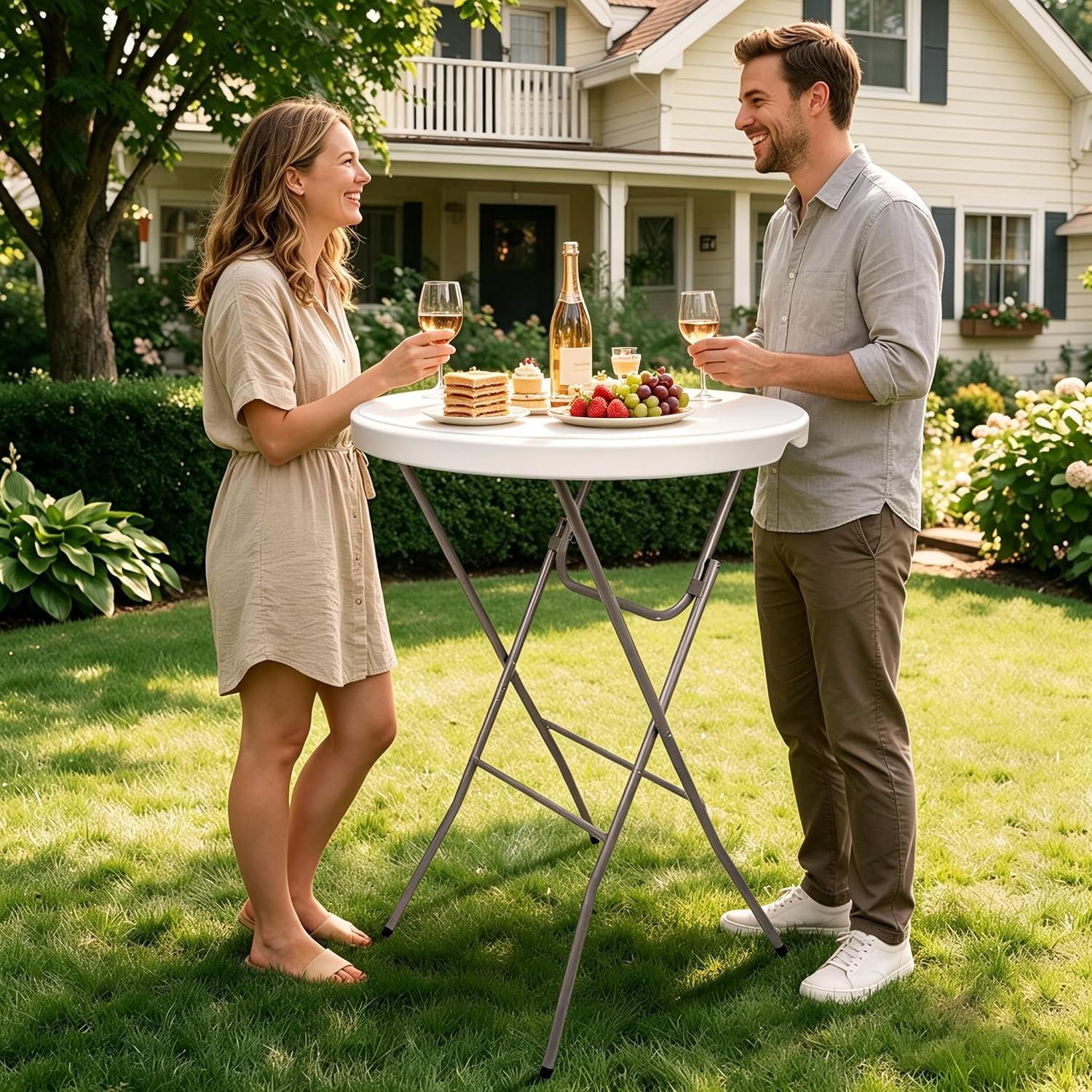 28in Foldable Round Cocktail Table, White, 2PCS | Removable Legs