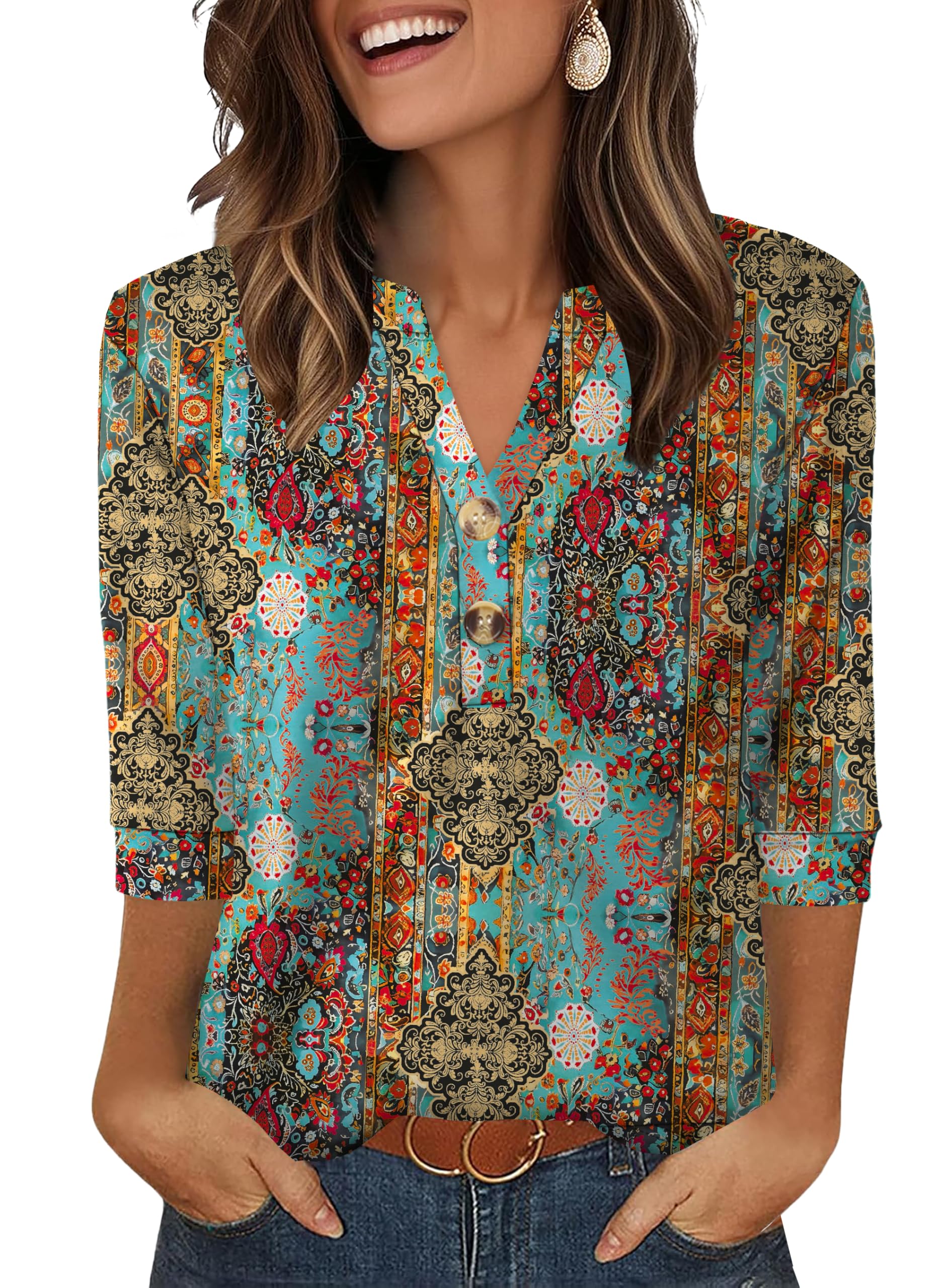 Aokosor Womens 3/4 Sleeve Tops Ladies Blouse V Neck Tunic Long Sleeve T Shirts Curved Hem Office Wear — view 7