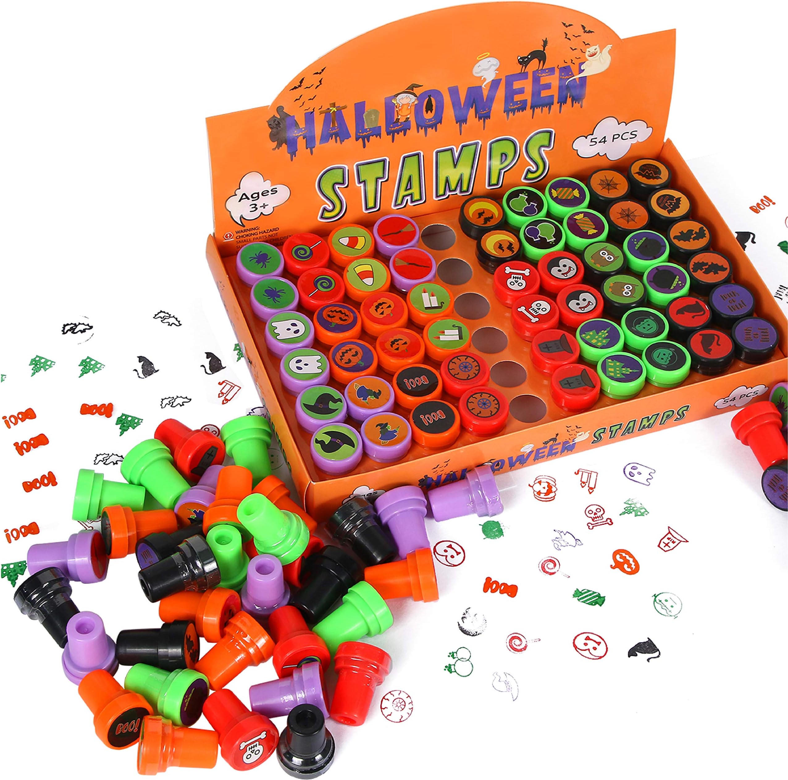 54 Piece Halloween Stamps for Kids (27 Different designs, Self Inking Stampers, Trick or Treat Toys Stamps, Ghost Stamp) for Halloween Party Favors, Halloween Prizes, Halloween Goodie Bag Fillers