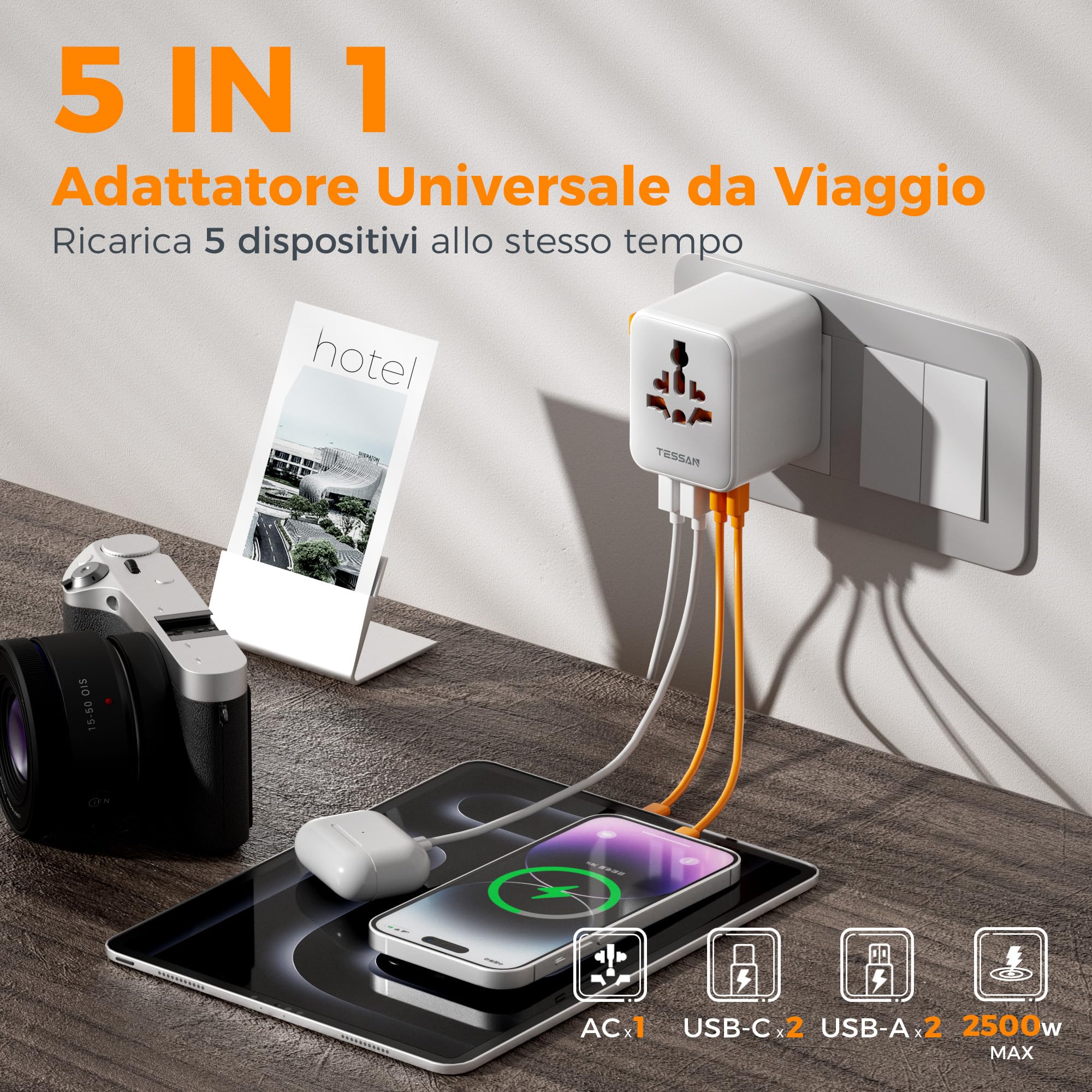 TESSAN Adattatore Universale da Viaggio con 2 USB C e 2 USB A, Presa per Spina Internazionale