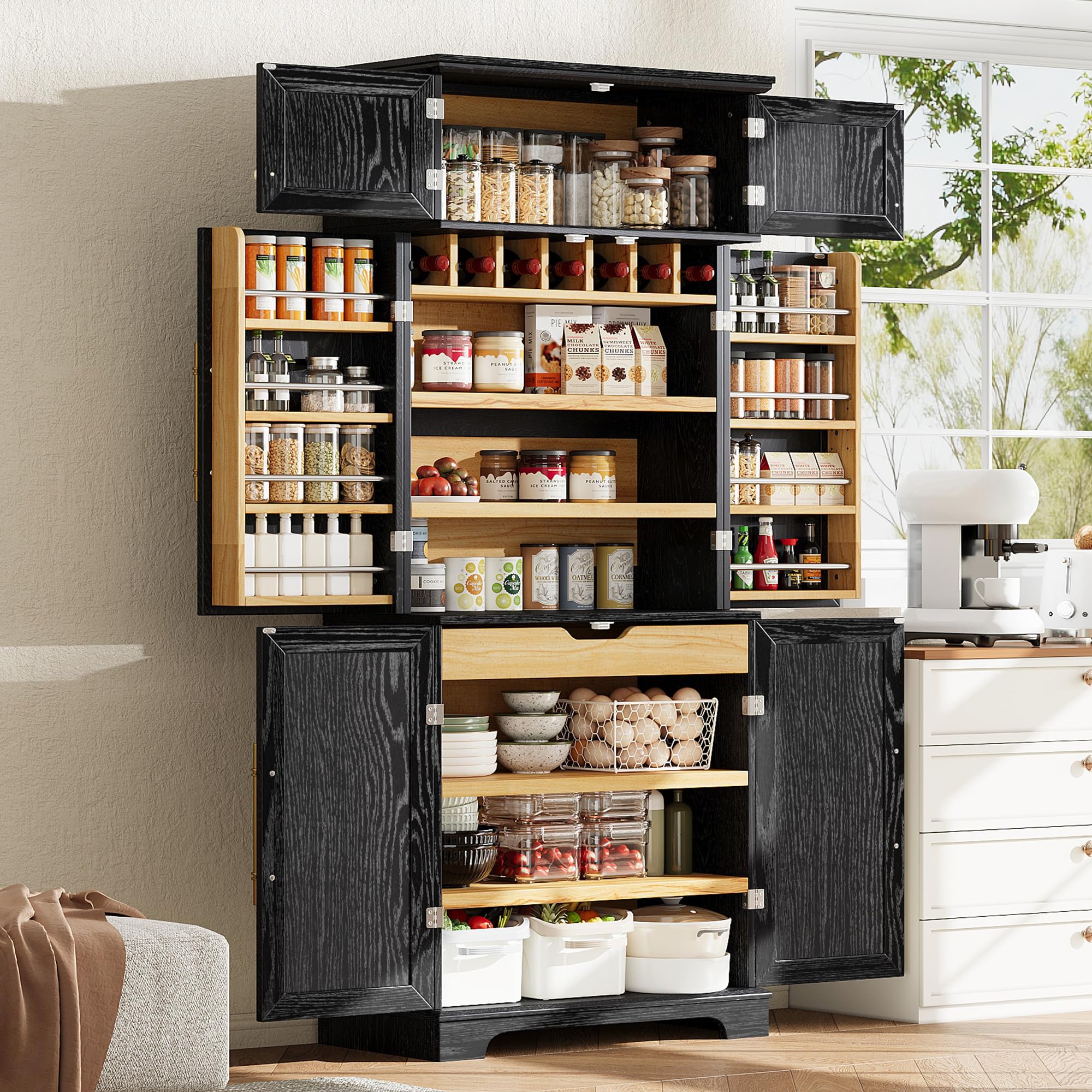Ball &amp; Cast 78″Tall Farmhouse Kitchen Pantry Cabinet with 8 Door Shelves &amp; 1 Large Drawers,Versatile Pantry Storage Cabinet w/4 Adjustable Shelves and 7 Wine Rack for Kitchen,Dining Room,Retro Black