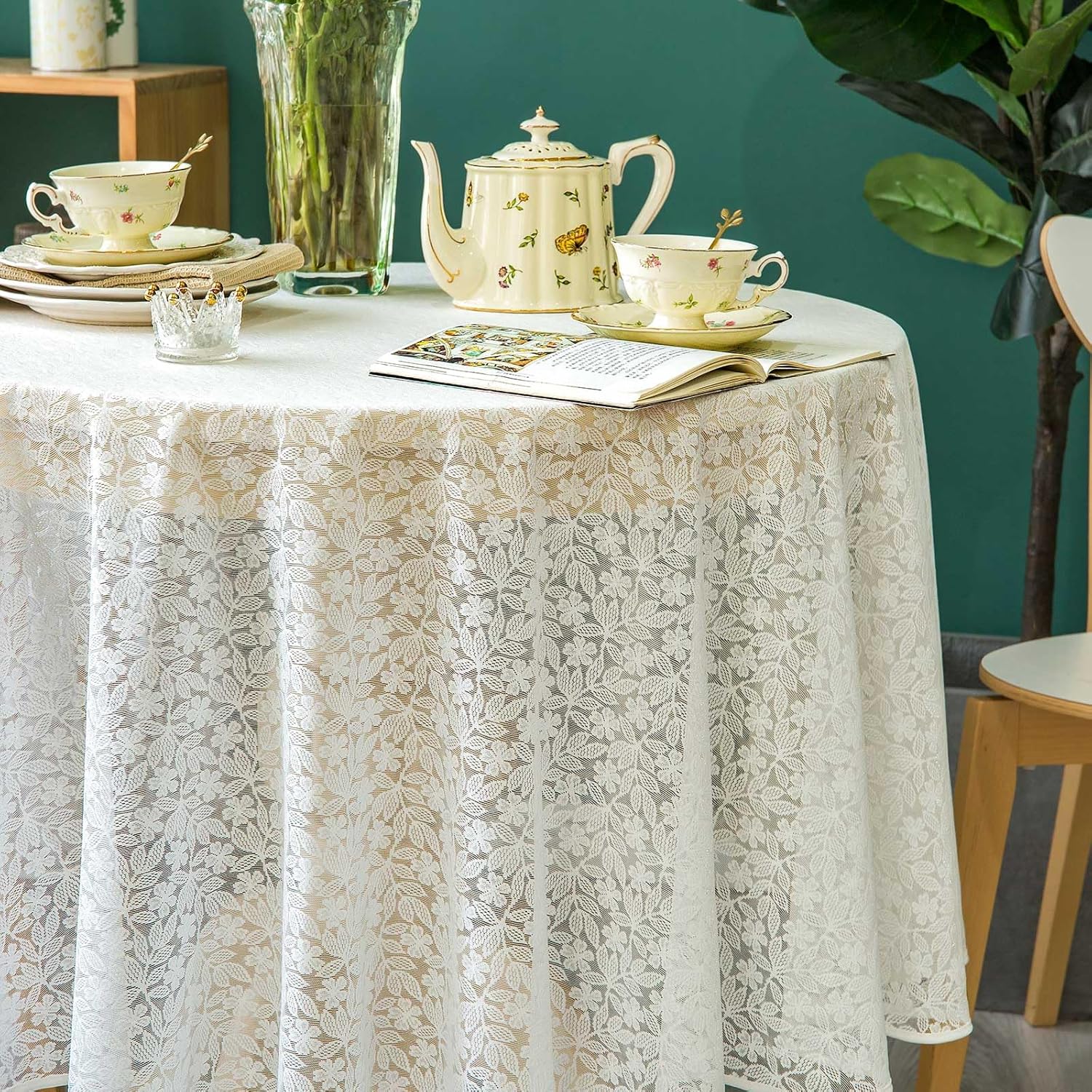 Lace Tablecloth Leaf Pattern Warp Knitting Fabric Solid White Round Table Cover for Kitchen Dining Farmhouse Wedding Party Decor Ivory,108 Inch