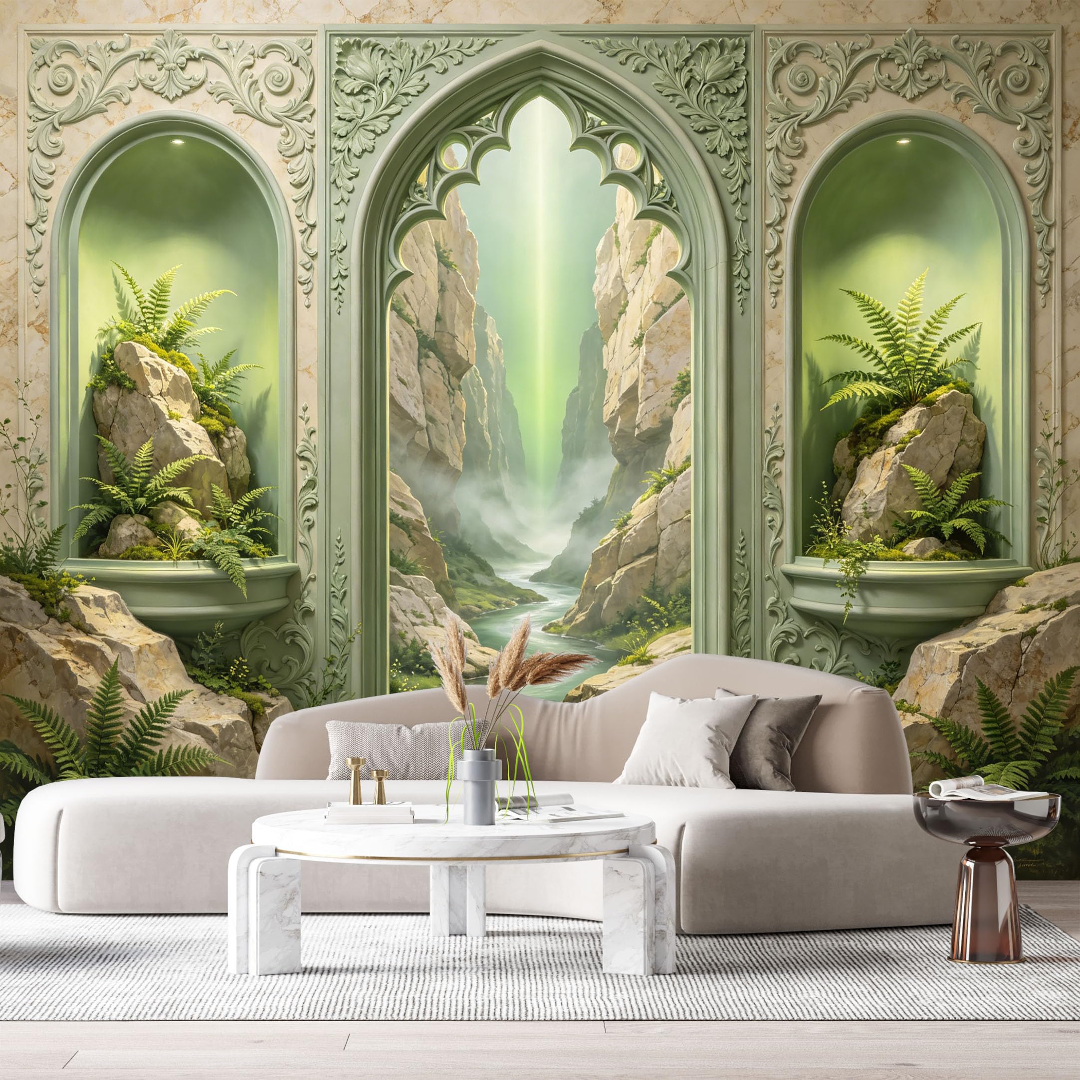 Custom Size Wall Murals Mystical Stone Archway Canyon Stream Garden 3D Trompe L'Oeil SelfAdhesiveWall Fabric Removable Wallpaper Wall Decor for Living Room Bedroom Bathroom