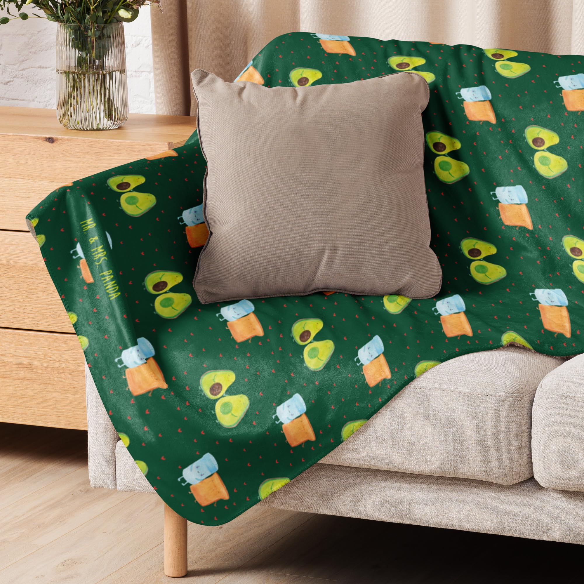 Mr. & Mrs. Panda Plaid Avocado Pärchen 130 x 155 cm - Geschenk, Heimdecke, Decke, Tagesdecke, Schmusedecke, Geburt, Schwangerschaft, Liebe, Wärmedecke, Familie, Couchdecke