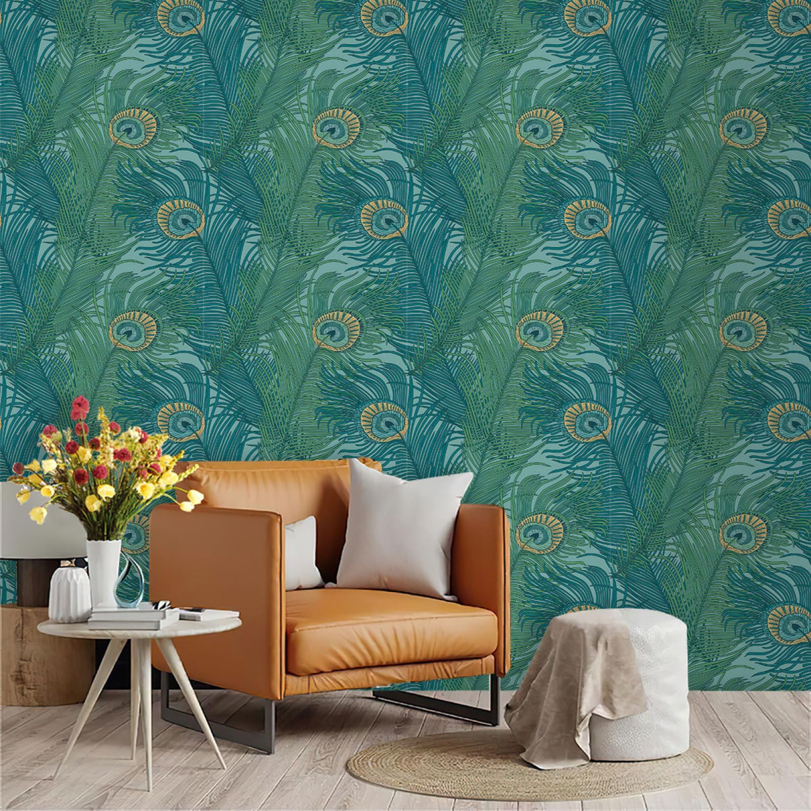 Zahhyg Green Wallpaper Feather Peel And Stick Self Adhesive Wallpaper For Living Room Waterproof Vinyl, Art Deco Thicken Sticky Back Plastic Removable