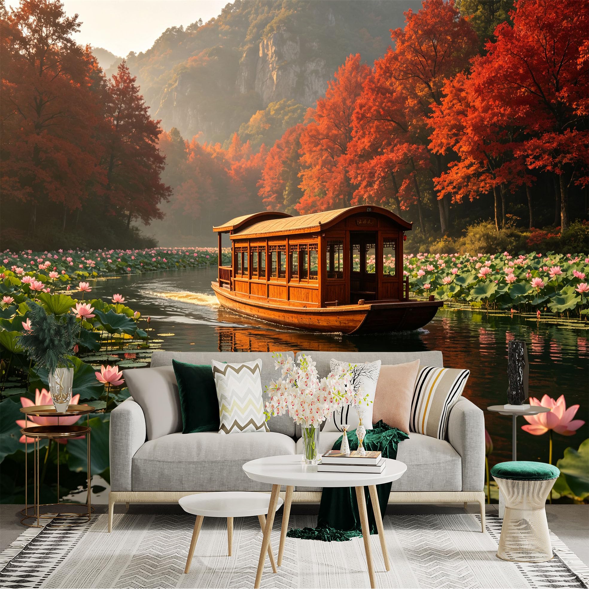 Custom Size Wall Sticker Mural， Traditional Wooden Boat on Lotus Pond， Autumn Red Maple Forest Scenery， for wall Decoration， peelandstick wall Decals.