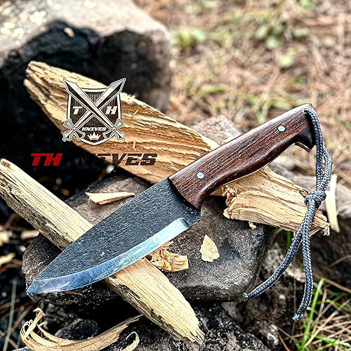 Miniatura 6 de TH knives Cuchillo Scandi Grind Bushcraft hecho a mano, cuchillo de caza de hoja fija de acero de alto carbono 1095 con funda, cuchillo táctico de