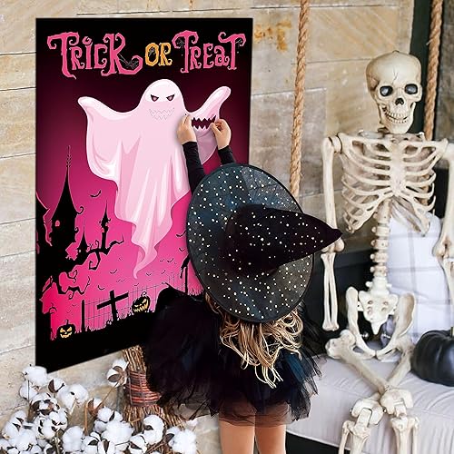 Miniatura 7 de Pin The Mouth on The Ghost Juego de fiesta de Halloween para niños, póster fantasma con 24 calcomanías para la boca y una venda para suministros de