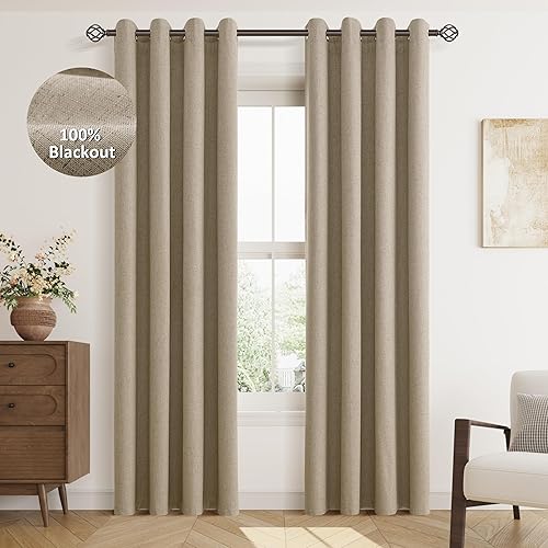 Miniatura 89 de Cream Linen Blackout Curtains 96 Length 2 Panels Set for Living Room Bedroom, 100% Black Out Thermal Insulated Linen Drapes, Room Darkening Grommet