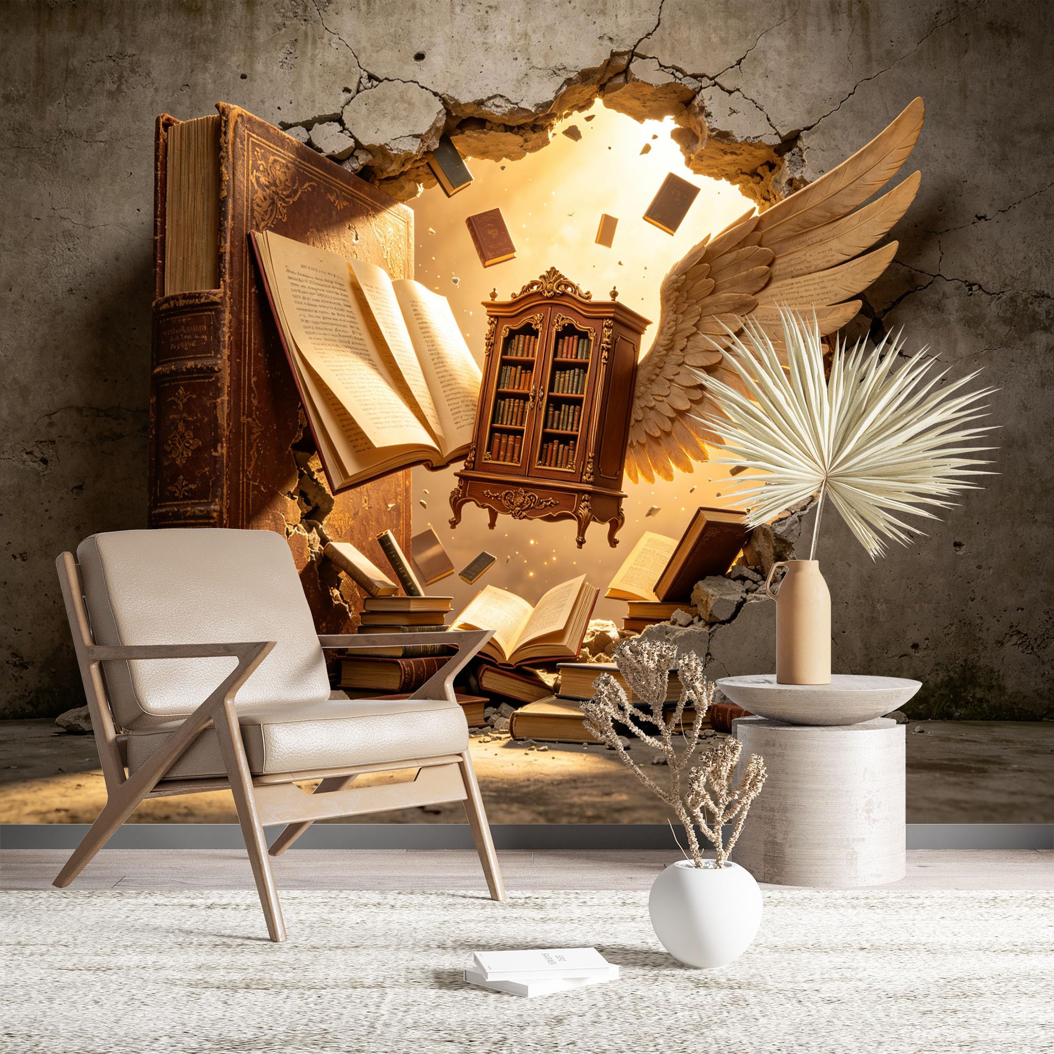 Custom Size Wall Murals Flying Books Cracked Wall Wall Murals Fantasy Wallpaper Large Photo Wallpaper Self-Adhesive Removable Wallpaper for Living Room Bedroom