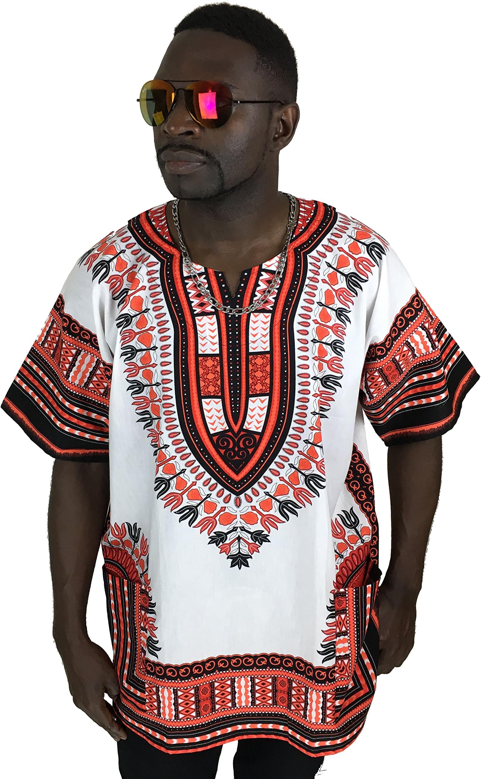Dashiki Shirt Men's Dashiki African Shirt Large Size Several Colors Chris Brown Dashiki Top (White and Reddish)