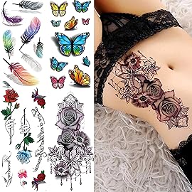 COKTAK 56 Sheets Variety Colorful Rose Flowers Temporary Tattoos For Women, Realistic Feather 3D Butterfly Fake Tattoos Temporary For Girls, Sexy Floral Blossom Branch Arm Neck Face Tatoo Sticker Kit