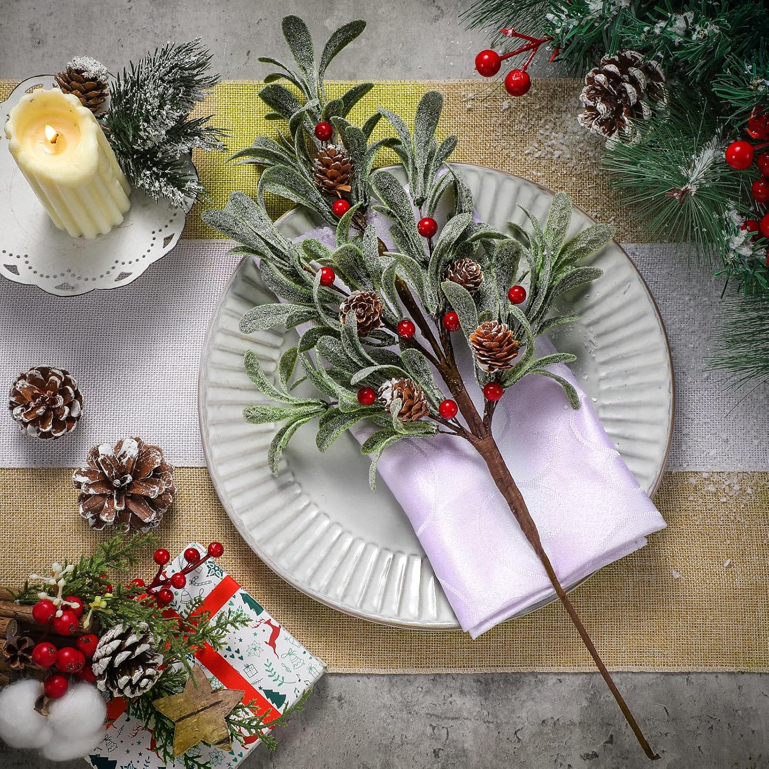 6 Pcs Christmas Artificial Mistletoe Picks 17.3 Inch Fake Mistletoe Decoration Branches with Berries Pinecones Ornaments DIY Crafts for Xmas Tree Wreath Holiday Decor(Red Berry)