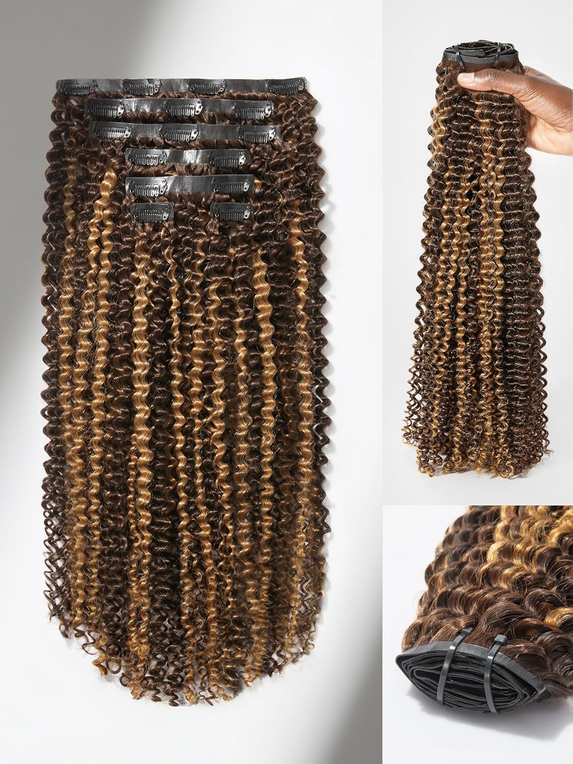 LUVME Clip in Hair Extensions Real Human Hair, Remy Human Hair Extensions Clip ins for Women, #2/27 Extensions, 18inch 135g 9Pcs Kinky Curly Hair