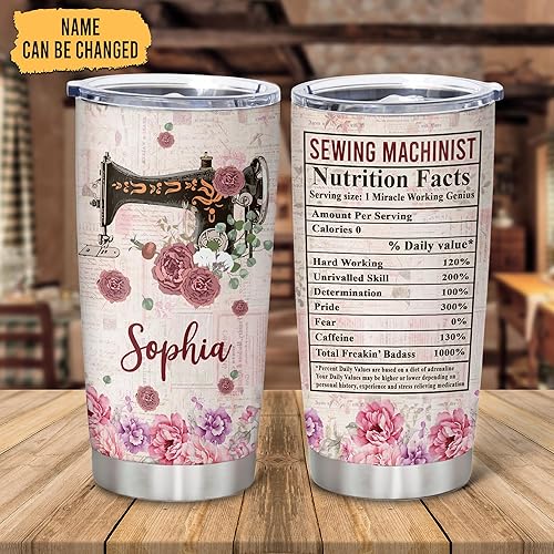 Miniatura 2 de Hyturtle Regalos personalizados para los amantes de la costura, datos nutricionales del mecánico de costura, vaso de acero inoxidable personalizado