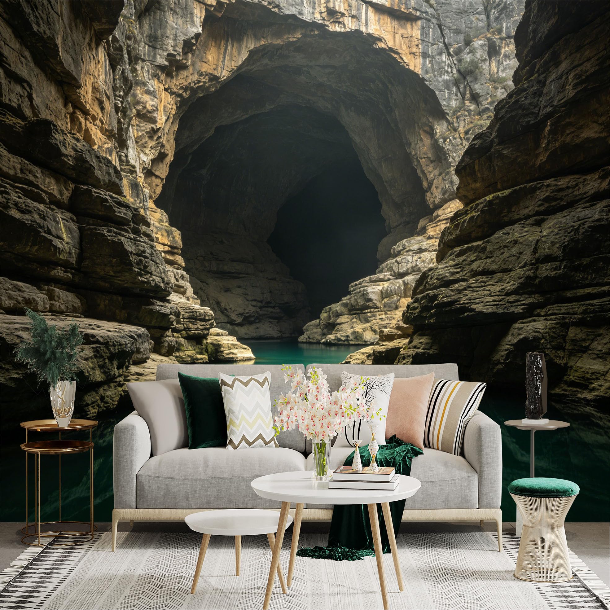 Lnzczhyre Dbh260521344 Custom Size Wall Sticker Mural， Mysterious Limestone Cave， Serene Turquoise Underground River， Dramatic Rocky Cliffs， Nature Landscape， For Wall Decoration， Peelandstick Wall Decals.